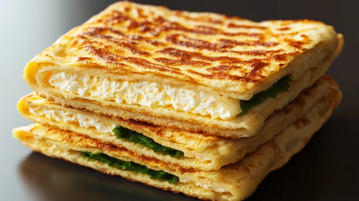 Homemade cottage cheese flatbread torn in half showing soft interior texture