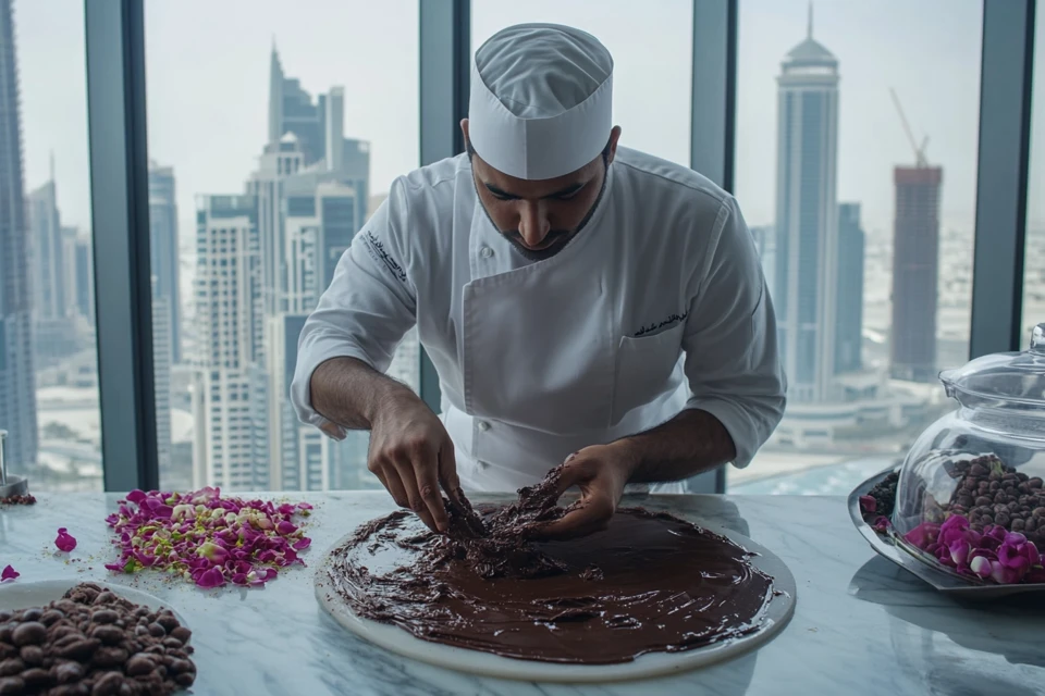 Master Chocolatier Crafting Premium Chocolate Professional Dubai chocolate maker tempering chocolate with premium ingredients and Dubai skyline view