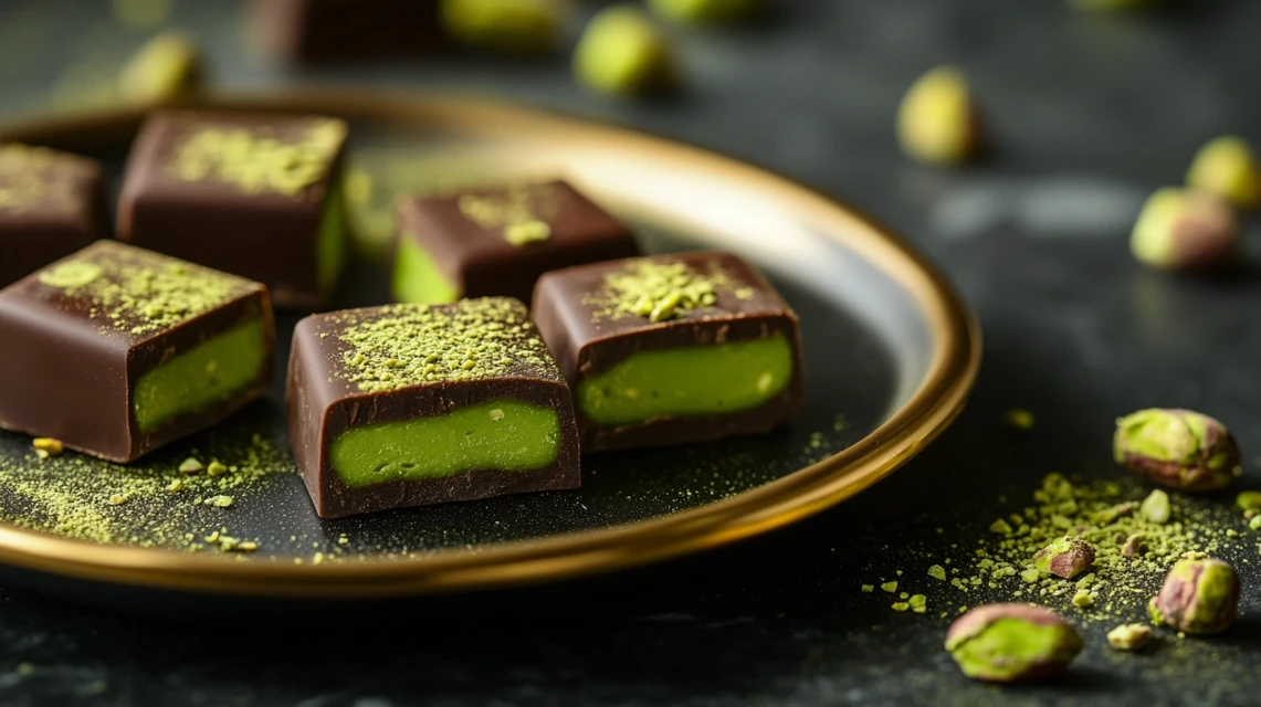 Luxury Dubai chocolate with green pistachio and matcha fillings displayed on elegant plate