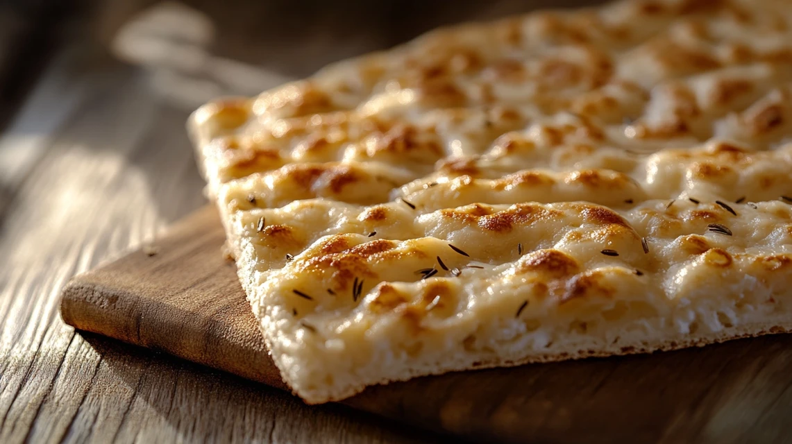 Perfectly done cottage cheese flatbread with golden brown surface and melted cheese spots