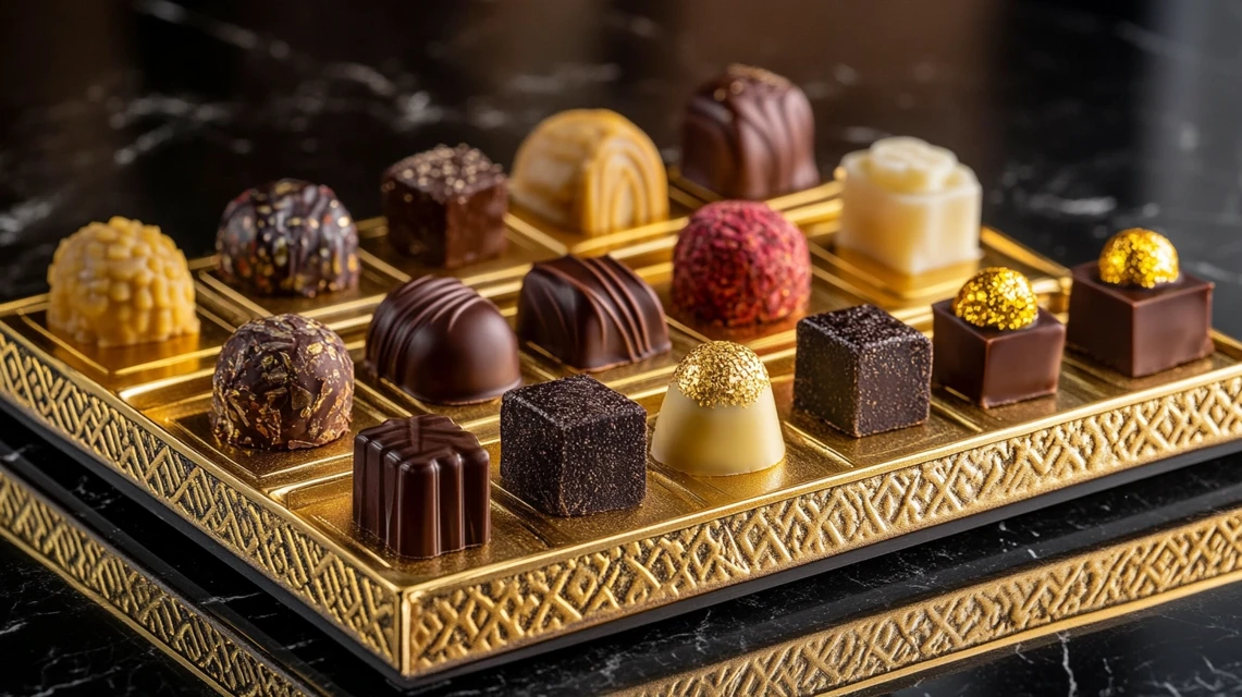 Premium Dubai chocolate truffles decorated with edible gold leaf and Arabic patterns on luxury display