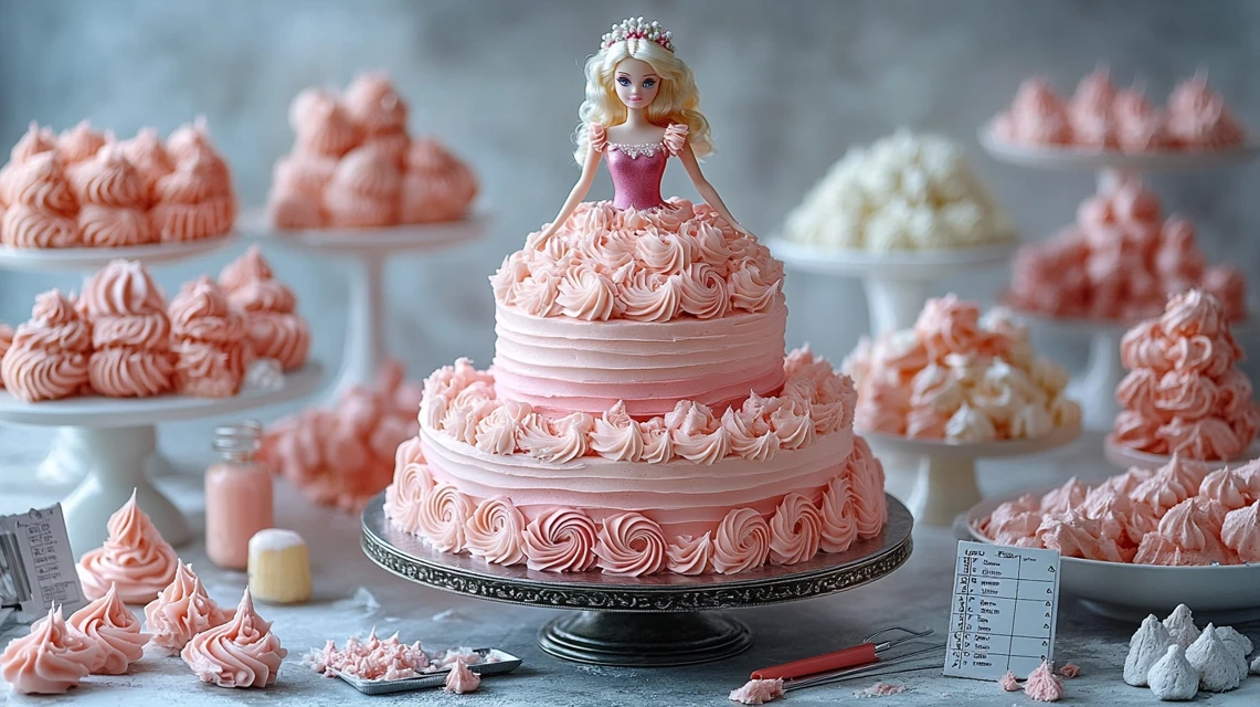 Barbie doll cake servings guide showing three-tiered pink ombre cake with portion measurements and serving size demonstrations