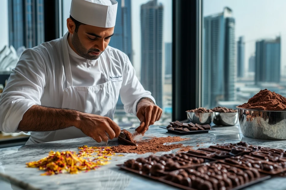Dubai Master Chocolatier Crafting Premium Chocolate Confections Professional Dubai chocolate maker tempering chocolate with premium ingredients and Dubai skyline view