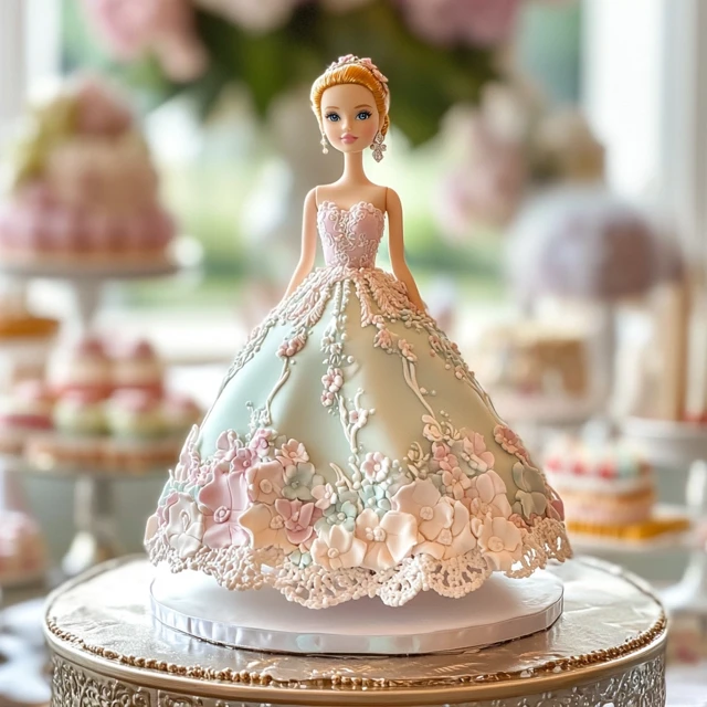 A close-up view of a beautifully crafted Barbie-themed cake, with a real Barbie doll at the center. The doll wears a flowing pastel fondant gown adorned with sugar lace, edible pearls, and delicate floral decorations. Soft lighting highlights intricate buttercream piping and subtle shimmering accents, set against a refined, vintage-inspired table and understated party decor, reflecting a timeless, elegant celebration.