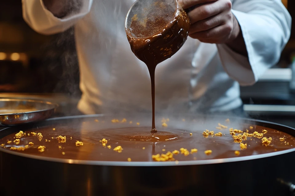 Dubai chocolatier crafting viral chocolate with gold accents and local ingredients like saffron and rose petals