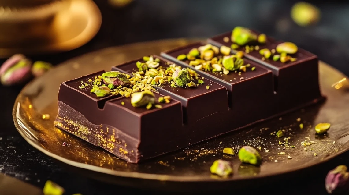 Close-up view of a luxurious Dubai chocolate bar with crunchy pistachios, caramel drizzle, and gold flakes on a marble surface.