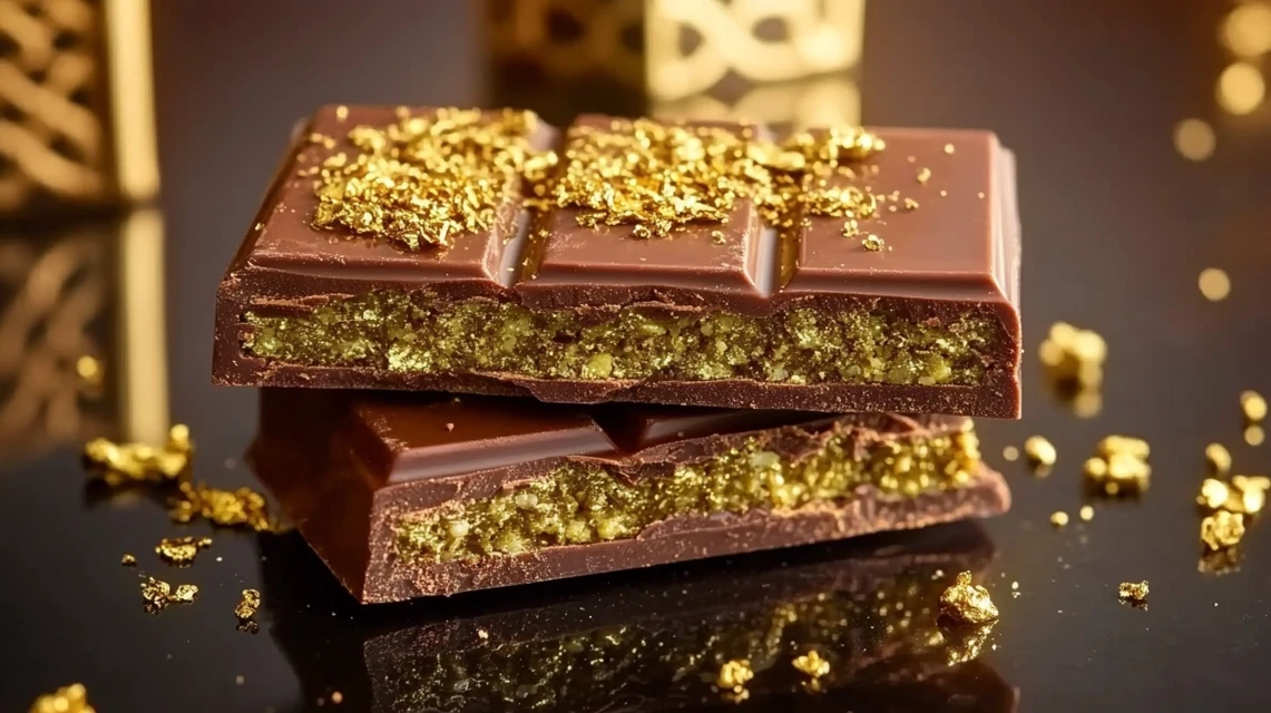 Viral Dubai chocolate bar with gold flakes being cut open to show luxurious layered filling and crunchy textures