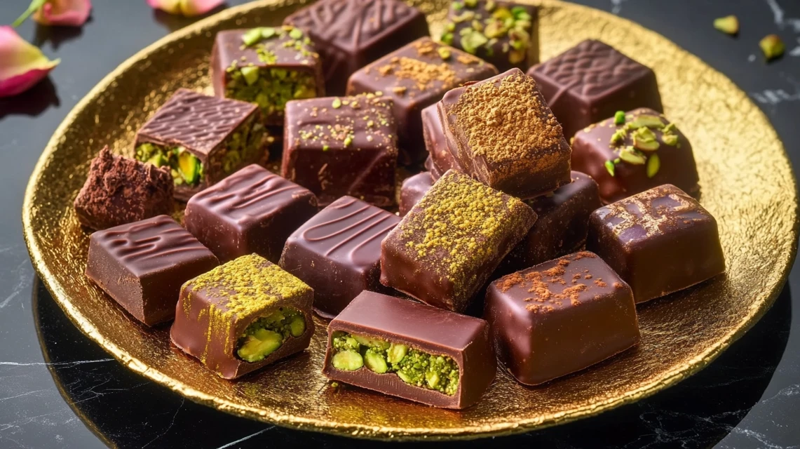 Artisanal Dubai chocolates featuring gold leaf, saffron, and pistachios arranged on a golden plate