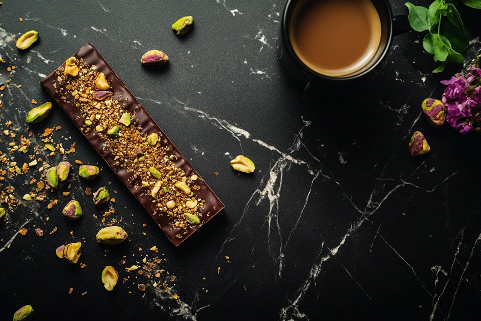 Inside the Crunchy Dubai Chocolate Bar: A Texture-Lover’s Dream Close-up of a broken Dubai chocolate bar revealing crunchy caramelized layers with pistachios and nuts on a wooden board.