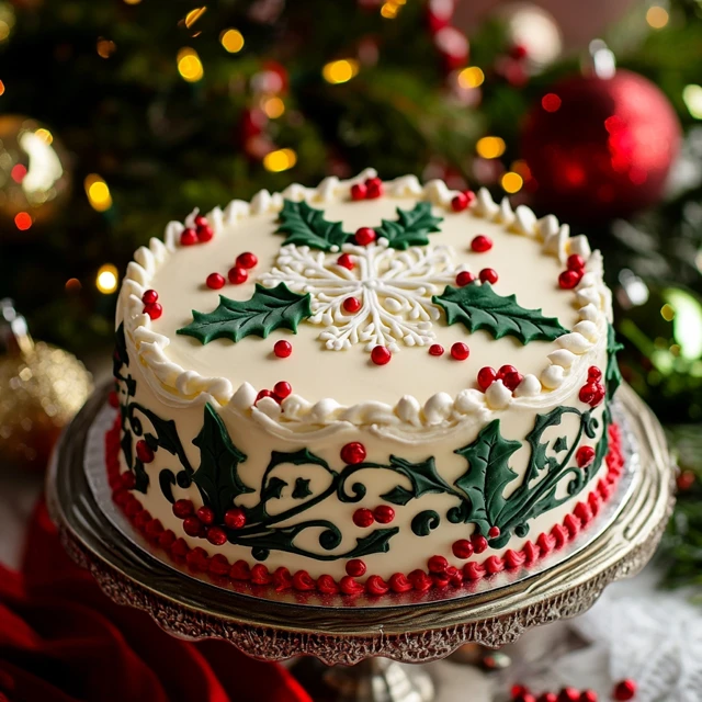 A beautifully decorated holiday cake that embodies the spirit of togetherness and abundance during festive celebrations. A festive Christmas cake symbolizing togetherness and abundance.