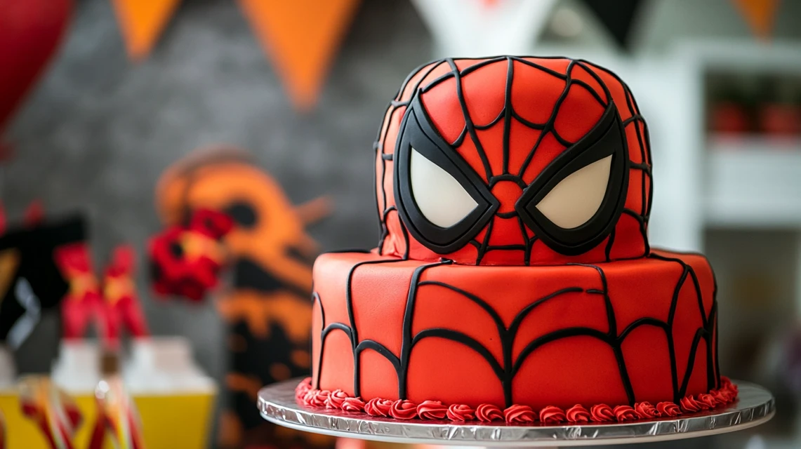 Spiderman cake with red frosting, black web patterns, and a fondant mask.