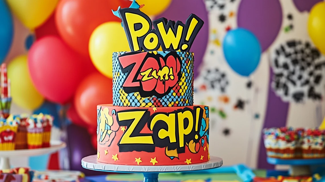 Comic cake with bold outlines, bright colors, and action words.