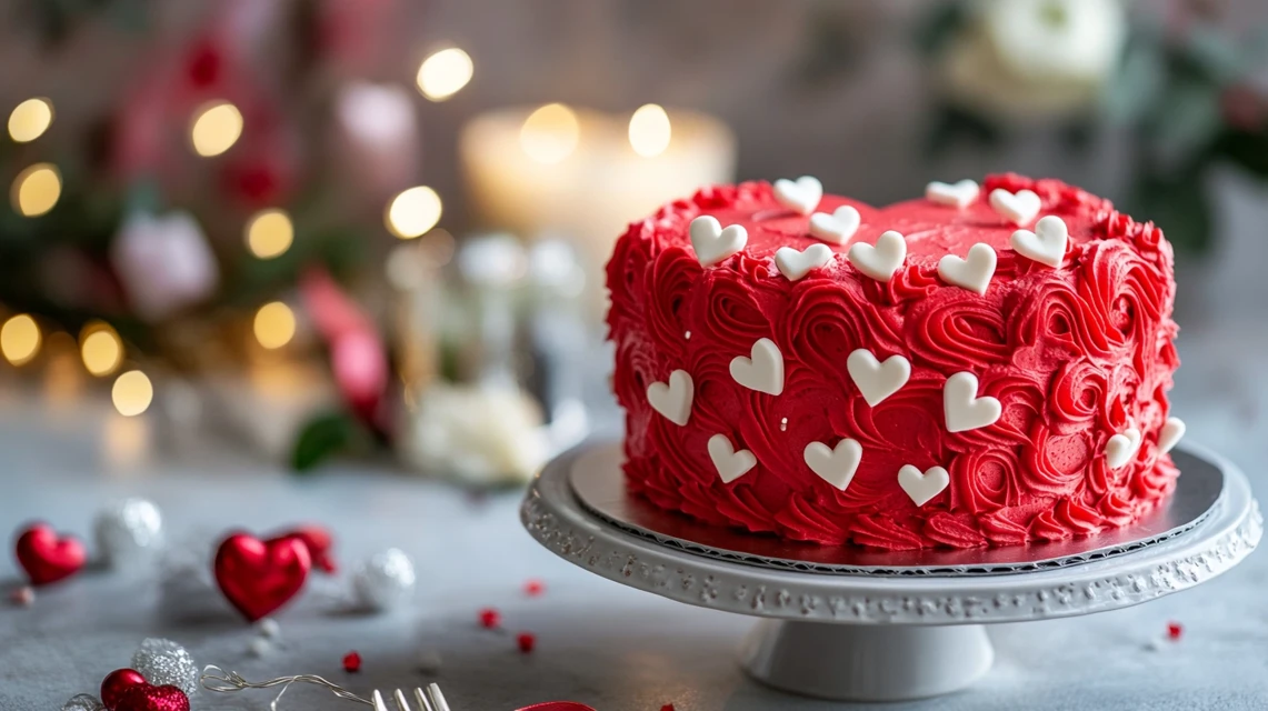 Heart cake with red frosting, white buttercream hearts, and edible pearls.