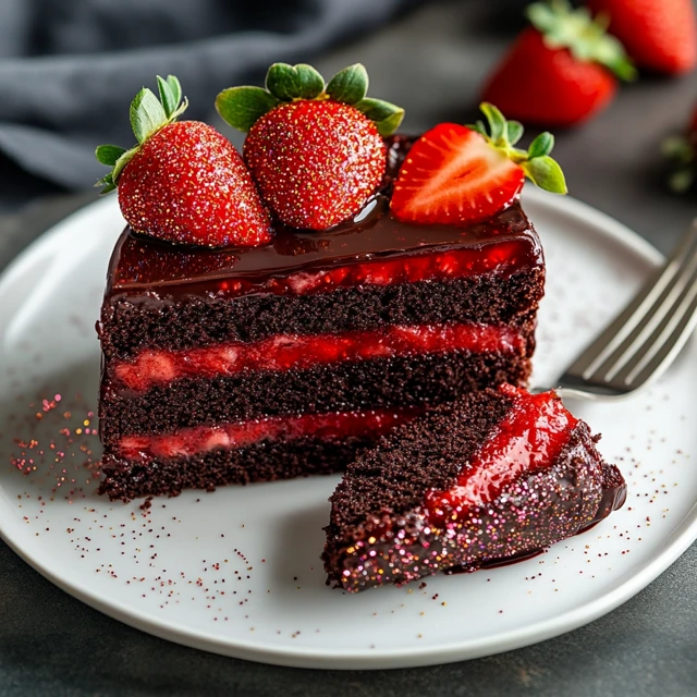 A close-up of a sliced heart-shaped cake showcasing its rich chocolate layers and strawberry filling, topped with fresh strawberries for a luxurious presentation. Sliced heart-shaped cake with chocolate layers and strawberry filling.