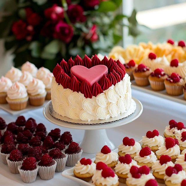 A charming dessert table with a 6-inch heart cake as the centerpiece, surrounded by cupcakes, cookies, and a fruit platter to accommodate more guests. 6-inch heart cake with cutting guide markings for even servings.