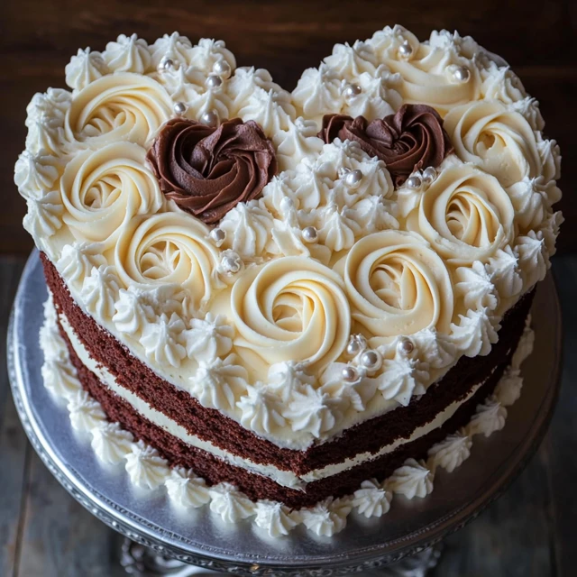 An elegant double-layer heart cake showcasing chocolate and vanilla layers, topped with white buttercream frosting and intricate piped rosettes. Double-layer heart cake with chocolate and vanilla layers and white buttercream.