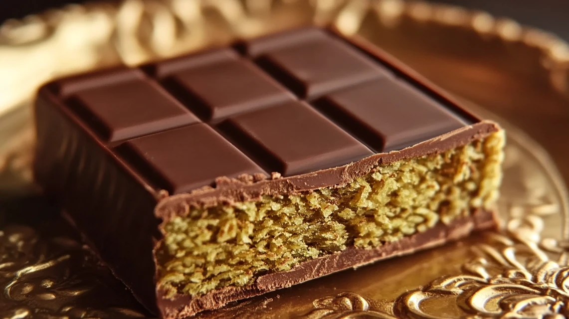 Luxury Dubai chocolate bar with crispy wafer and nut layers.