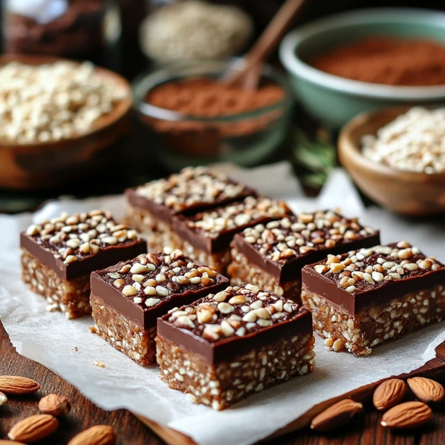 Homemade chocolate squares inspired by Dubai’s crispy treats, featuring crispy rice and caramel layers, displayed on parchment paper with ingredients like nuts and rice in the background. Homemade Dubai-inspired chocolates with crispy rice and caramel layers.