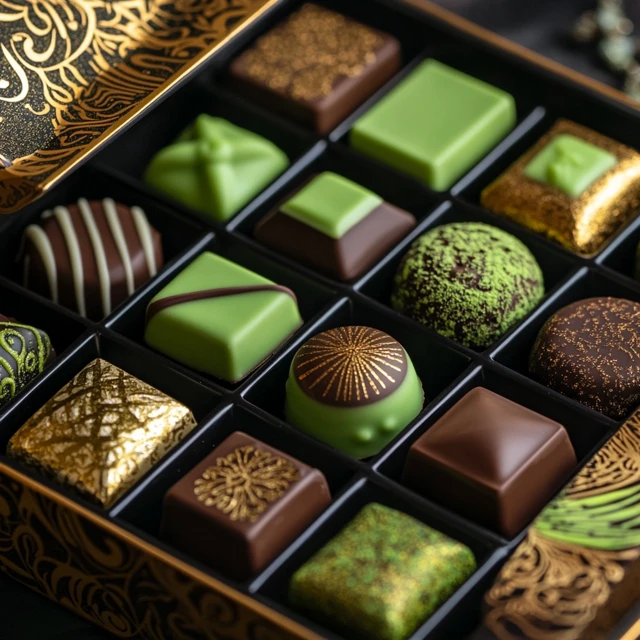 An elegant assortment of Dubai chocolates showcasing green fillings, presented in a luxurious box with golden accents and Middle Eastern-inspired designs. Assorted Dubai chocolates with green fillings in a decorative box.