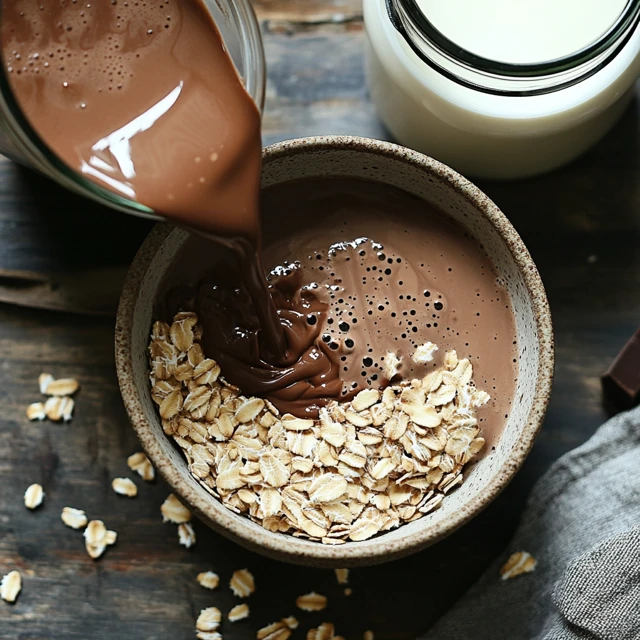 A creative use of chocolate milk as it’s poured into a bowl of oats, with a jar of plain milk in the background, showcasing the versatility of flavored milk in everyday recipes. Chocolate milk pouring into a bowl of oats, with plain milk in the background.