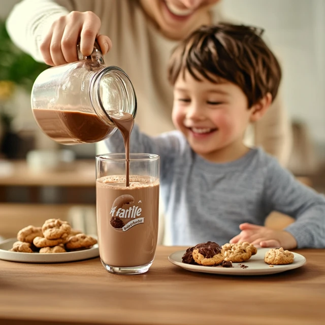 A parent pouring Fairlife chocolate milk into a child’s glass, accompanied by a plate of cookies and a cheerful family scene, showing how Fairlife chocolate milk fits into everyday moments. Parent pouring Fairlife chocolate milk for a child, with cookies on the side.