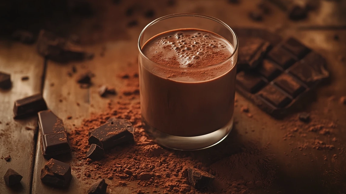 A glass of chocolate milk with cocoa powder and chocolate pieces.