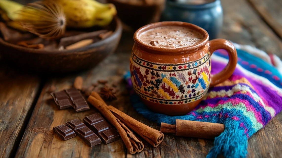 Mexican hot chocolate in a clay mug with cinnamon sticks and a molinillo whisk.