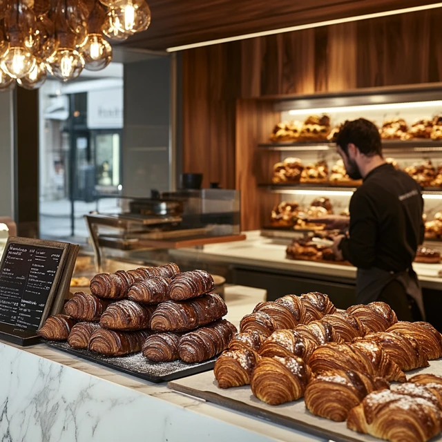 An inviting bakery counter showcasing freshly baked chocolate croissants, with a baker working in the background to create more delicious treats. Bakery counter with stacked chocolate croissants and a baker preparing pastries.