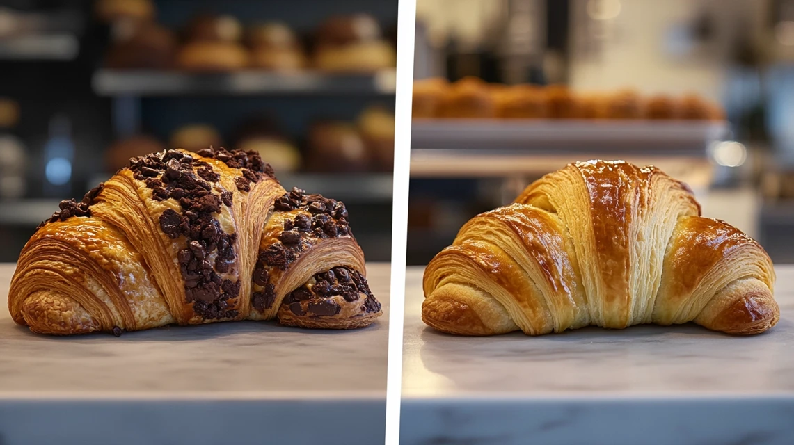 Comparison of pain au chocolat and chocolate croissants in French and American bakeries.