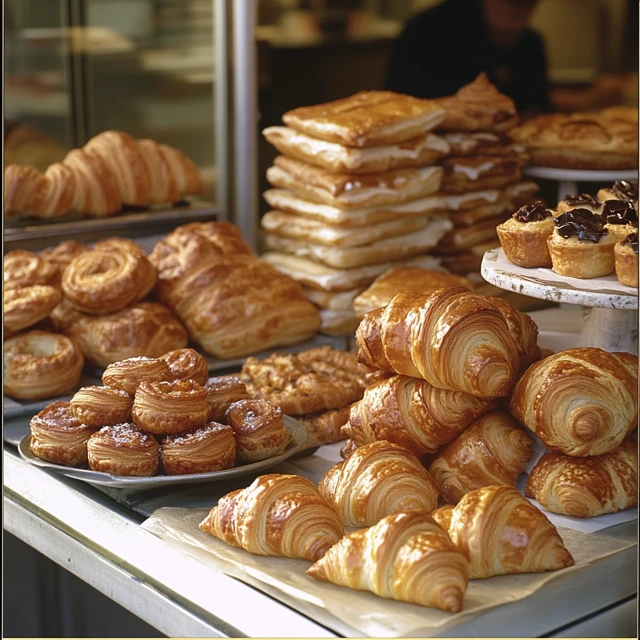 An image showcasing the preparation process of puff pastry and croissants, focusing on the dough layering and proofing stages. Rolling puff pastry dough with butter layers next to proofing croissants.