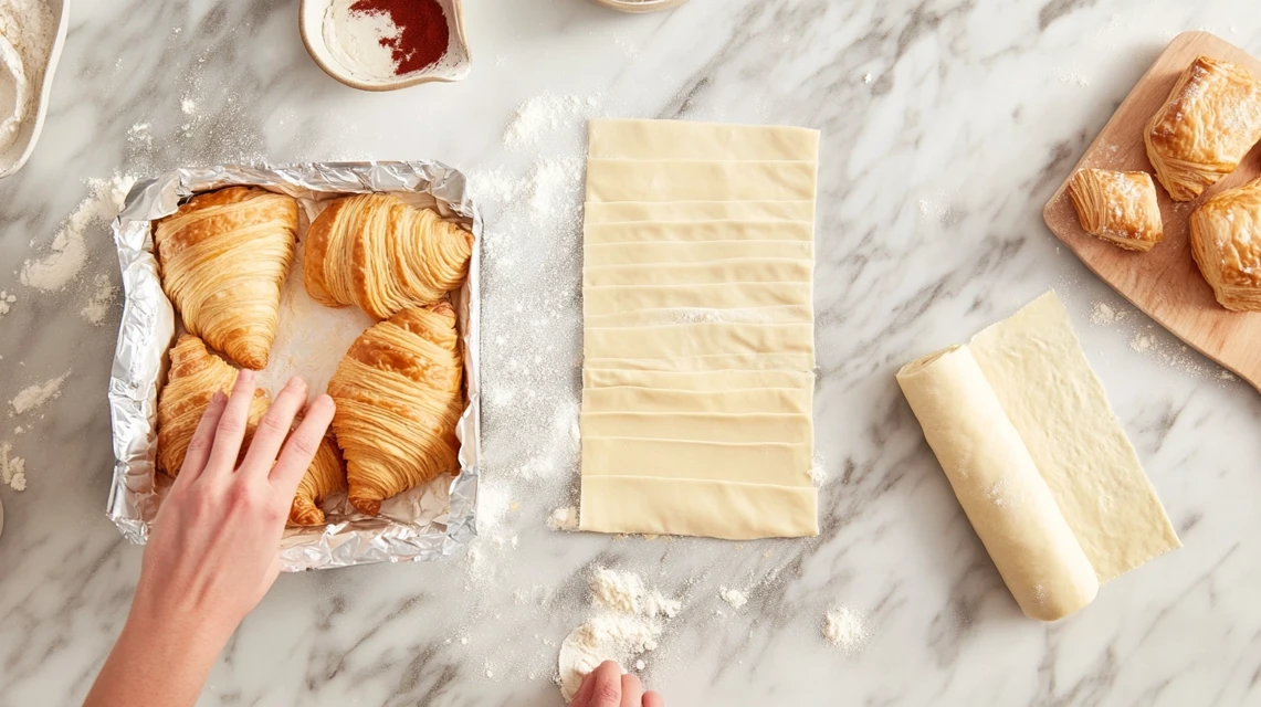 Pillsbury croissant dough next to puff pastry being prepared in a kitchen.