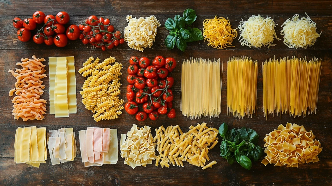 Top 10 types of pasta displayed on a wooden table with ingredients.