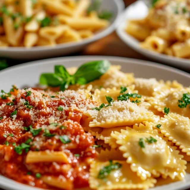 A mouth-watering display of popular pasta dishes, highlighting different pasta shapes paired with delicious sauces. Cooked pasta dishes featuring spaghetti, penne, and ravioli with various sauces.