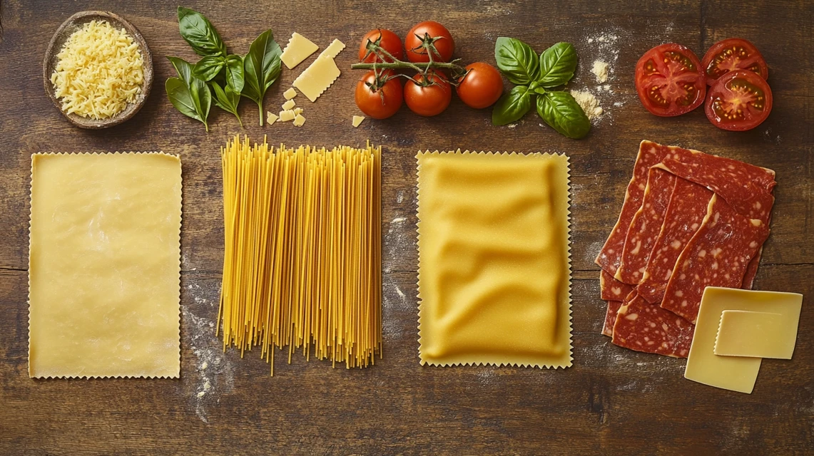 Four main types of pasta—spaghetti, penne, ravioli, and lasagna sheets—displayed with fresh ingredients.