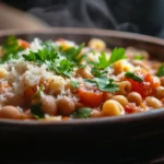 A bowl of Pasta Fagioli with pasta, beans, and tomatoes, garnished with parsley and Parmesan.