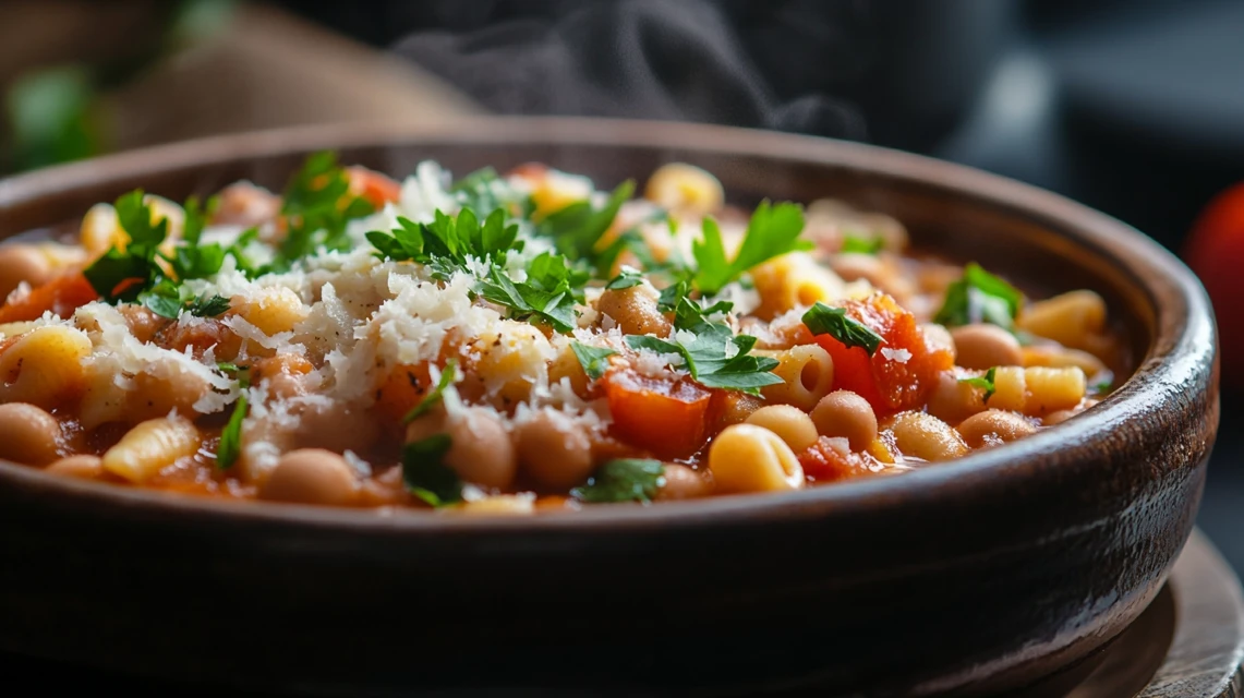 A bowl of Pasta Fagioli with pasta, beans, and tomatoes, garnished with parsley and Parmesan.