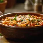 A bowl of traditional Pasta Fagioli with pasta, beans, and tomato broth, garnished with parsley and cheese.