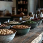 Different types of Italian fagioli beans displayed in ceramic bowls in a rustic kitchen.