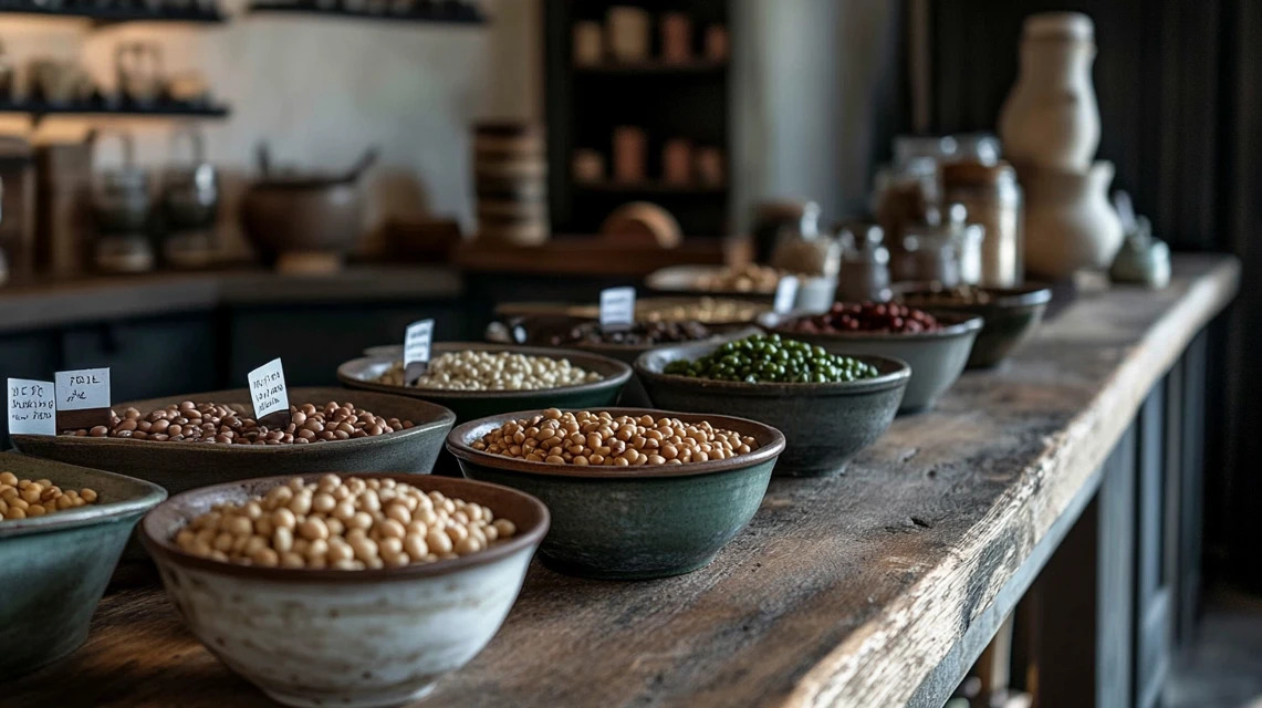 Different types of Italian fagioli beans displayed in ceramic bowls in a rustic kitchen.