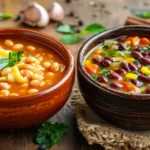 Pasta Fagioli vs. Minestrone soup comparison, showing thick and hearty vs. light and vegetable-filled soups.