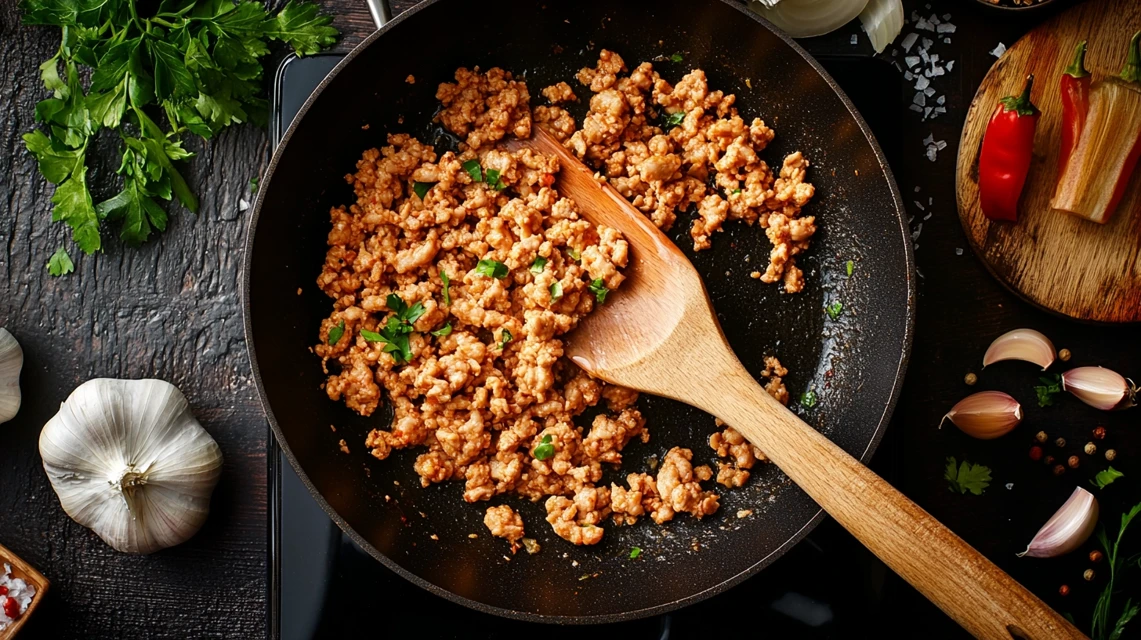 Cooking ground chicken in a pan with seasonings in a home kitchen setting.