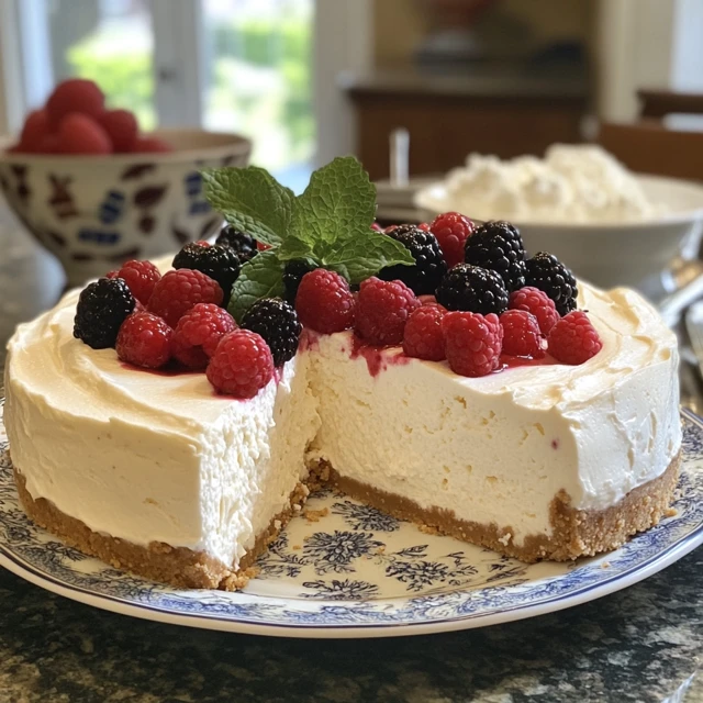 A rich and creamy cheesecake made with cottage cheese, showcasing its ability to create indulgent desserts with a lighter texture. Creamy cheesecake topped with fresh berries, made with cottage cheese.