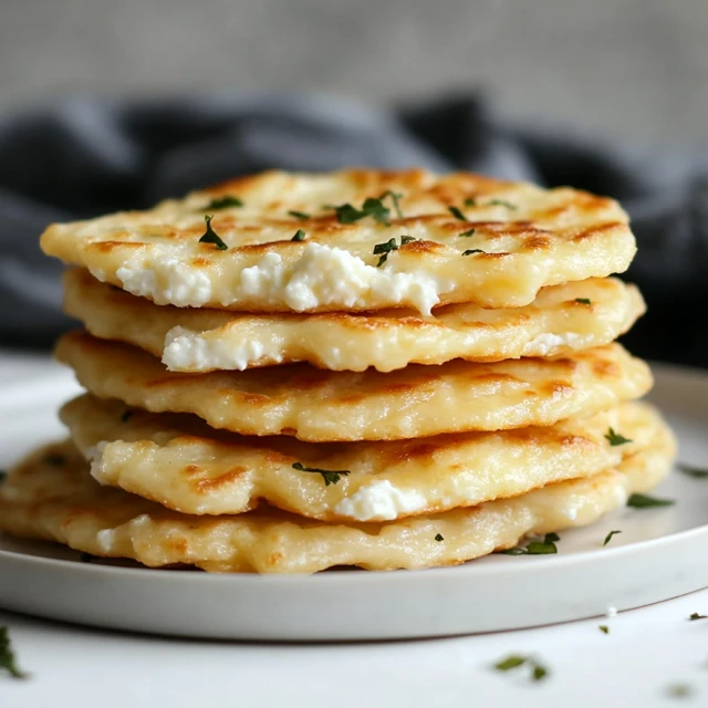 A stack of freshly cooked cottage cheese flatbreads, showcasing their warm, soft, and slightly crispy texture. Stack of cottage cheese flatbreads with golden-brown spots and a soft texture.