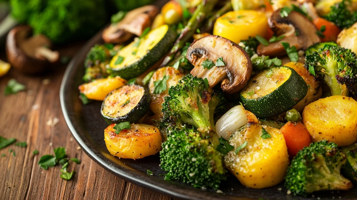 Roasted broccoli, asparagus, zucchini, and mushrooms with Garlic Parmesan seasoning.