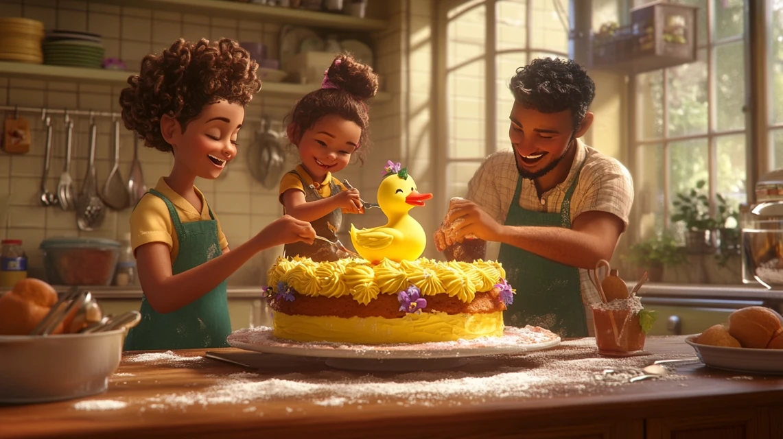 Family decorating a colorful Duck Cake together in a warm kitchen setting