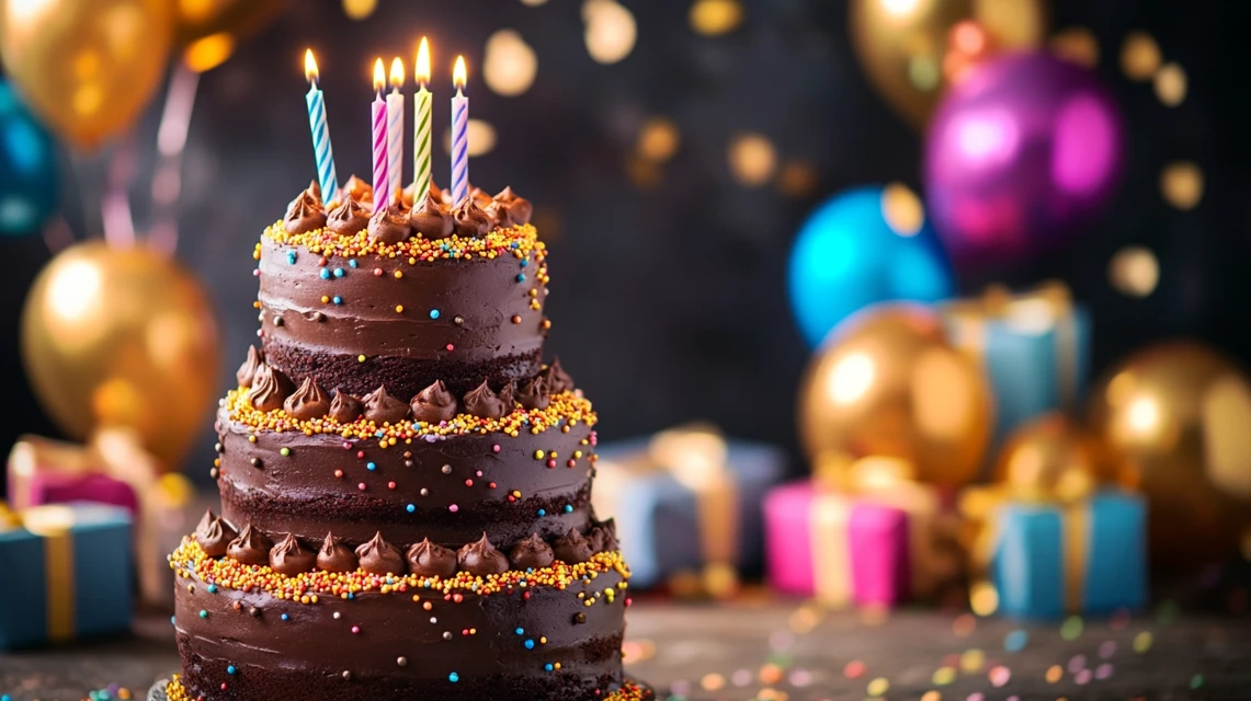 Multi-tiered chocolate birthday cake with golden sprinkles and festive decorations.