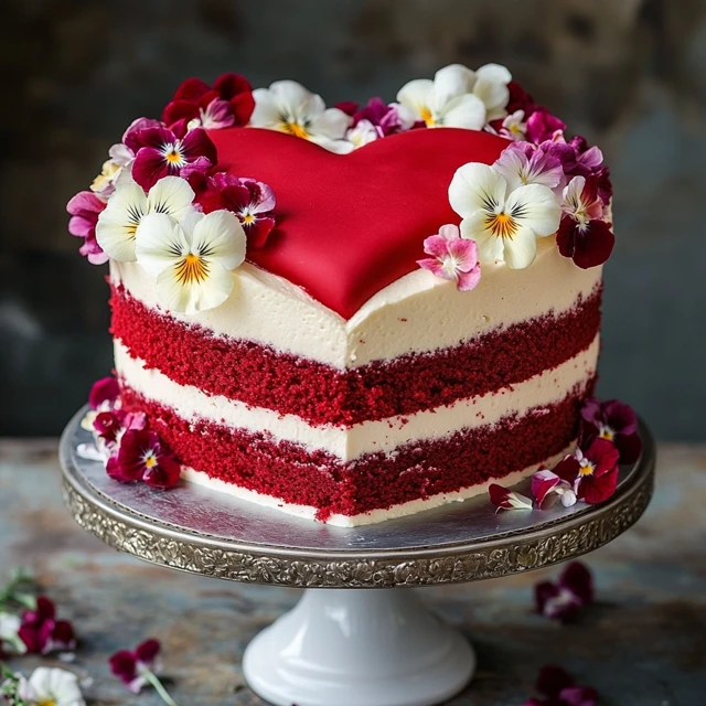 A striking three-layer red velvet heart cake with cream cheese frosting and cascading edible flowers, perfect for weddings or grand celebrations. Three-layer heart cake in red velvet with cream cheese frosting and edible flowers.