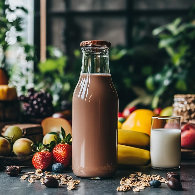 A bottle of chocolate milk placed among healthy breakfast items like fruits and granola, emphasizing how chocolate milk can be part of a nutritious meal. Chocolate milk bottle on a breakfast table with fruits and granola.