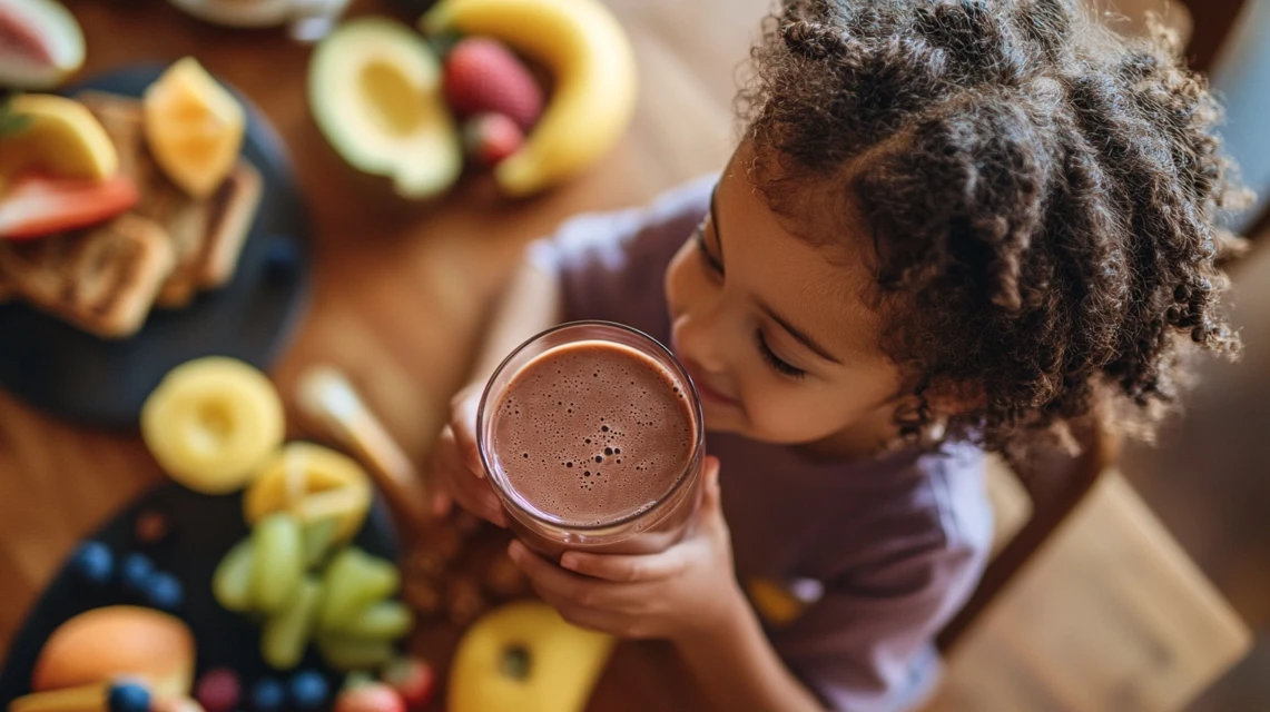 Child drinking Fairlife chocolate milk at breakfast.