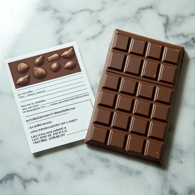 A milk chocolate bar displayed alongside its nutrition label, showing sugar, fat, and protein content to emphasize its nutritional profile. Milk chocolate bar with a visible nutrition label.